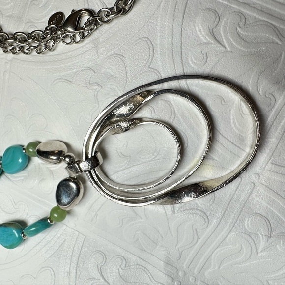 Chico's Blue and Silver Geometric Necklace Statement long Dangle pendant 0776 P - Picture 6 of 13